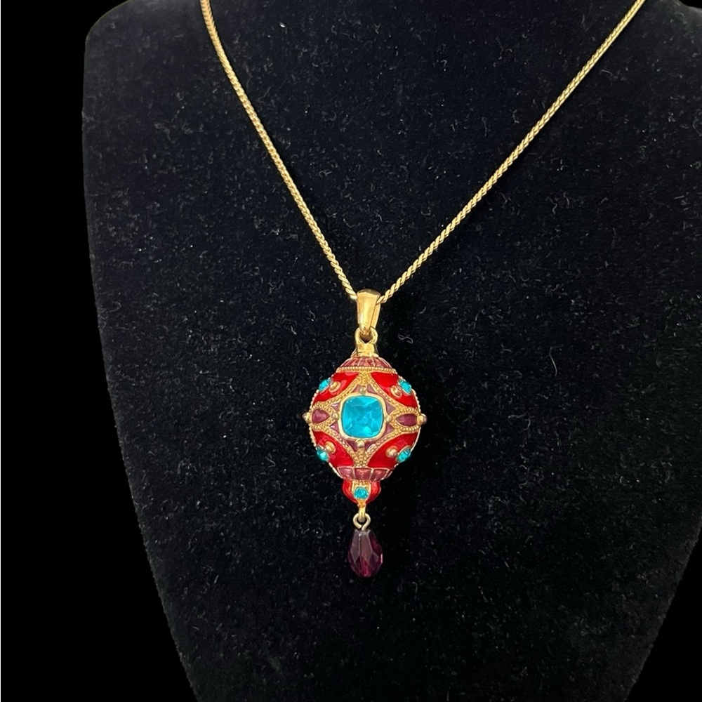 Vintage  Haskell Enamel Egg And Rhinestone Pendant Necklace